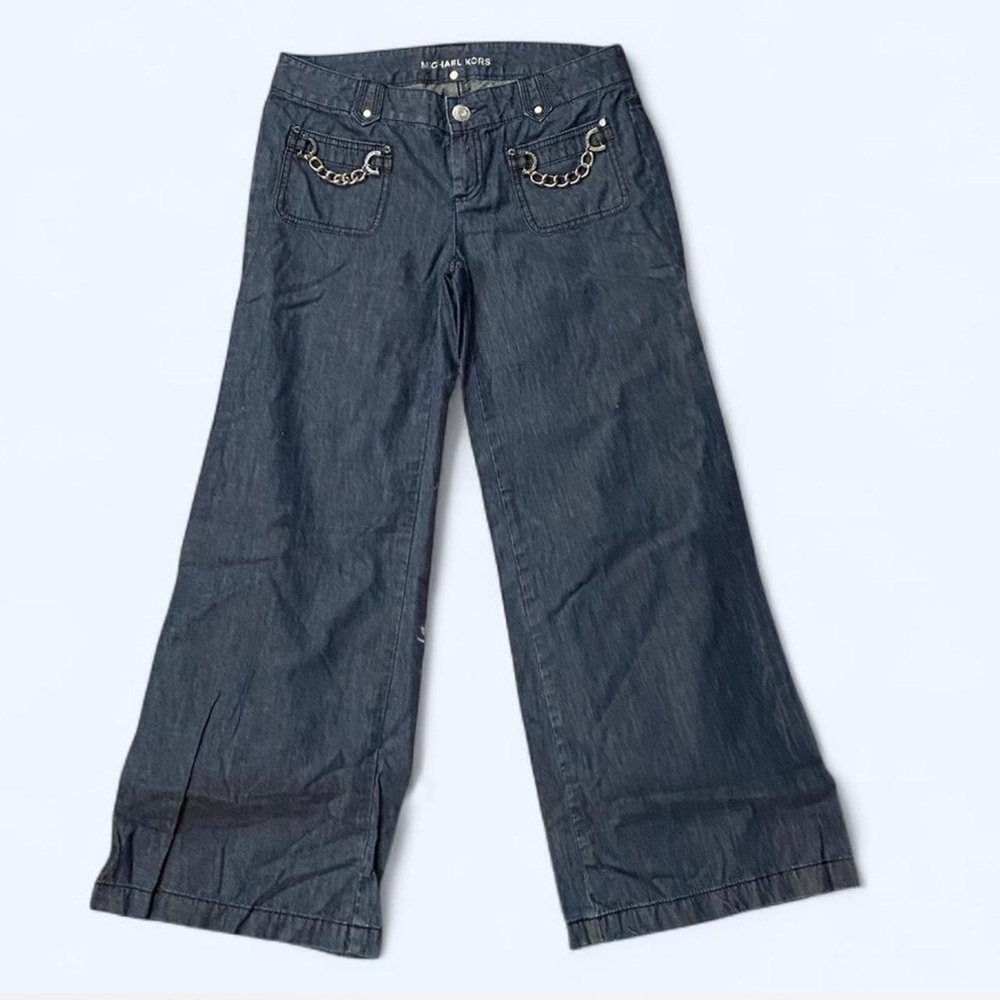 MICHAEL KORS Boho Dark Jeans Silver Chains Accessory Palazzo Wide Leg Y2K